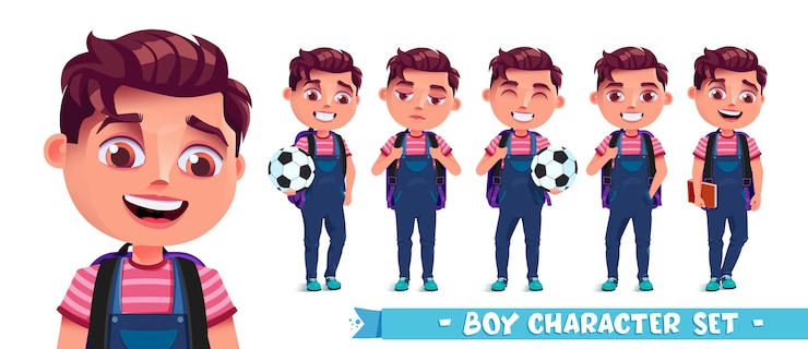 Vector conjunto de caracteres de vector de niño estudiante colección deportiva de personajes masculinos con feliz jolly y serio