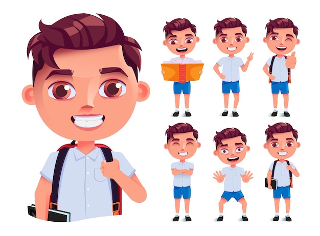 Conjunto de caracteres de vector de niño estudiante Personajes de la escuela masculina en uniforme con mochila y libros