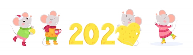 Conjunto de caracteres de vector plano de año nuevo 2020. 4 ratoncitos personajes de invierno. Calendario chino signo del zodiaco.
