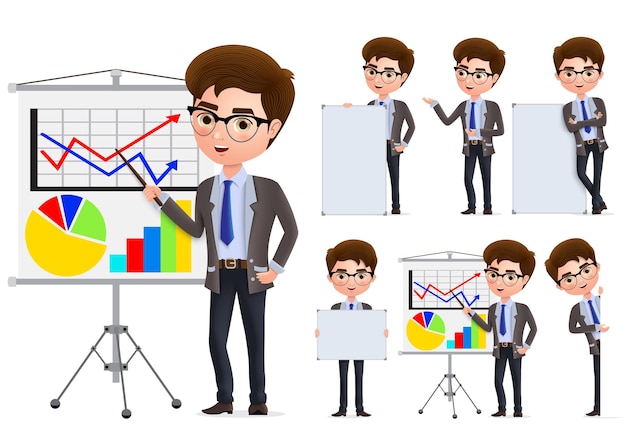 Conjunto de caracteres de vector de presentación de empresario personajes de hombre de negocios en pie de presentación