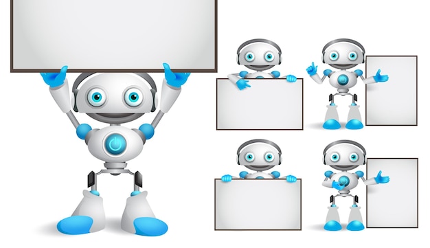 Conjunto de caracteres de vector de robot blanco de pie y sosteniendo tablero blanco vacío