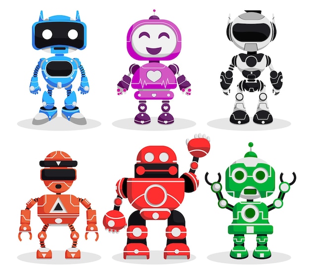 Conjunto de caracteres de vector de robot Personajes robóticos en pose de pie y gestos en diseño moderno