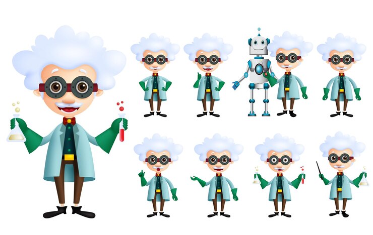 Vector conjunto de caracteres vectoriales científicos viejo genio inventor masculino sosteniendo tubo de ensayo con varios gestos