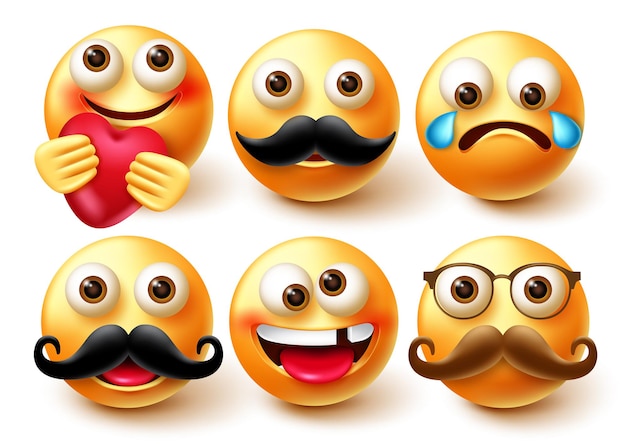 Conjunto de caracteres vectoriales emoji. Emoticonos personajes 3d en emoción feliz y llorando con elementos.