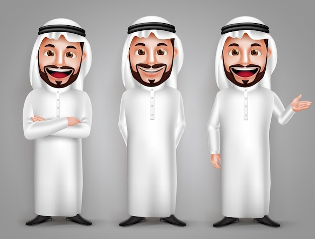 Conjunto de caracteres vectoriales de hombre árabe saudí con diferentes gestos amistosos y pose profesional