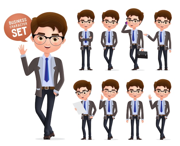 Conjunto de caracteres vectoriales de hombre de negocios Personajes de negocios masculinos felices de pie hablando y renunciando a la mano