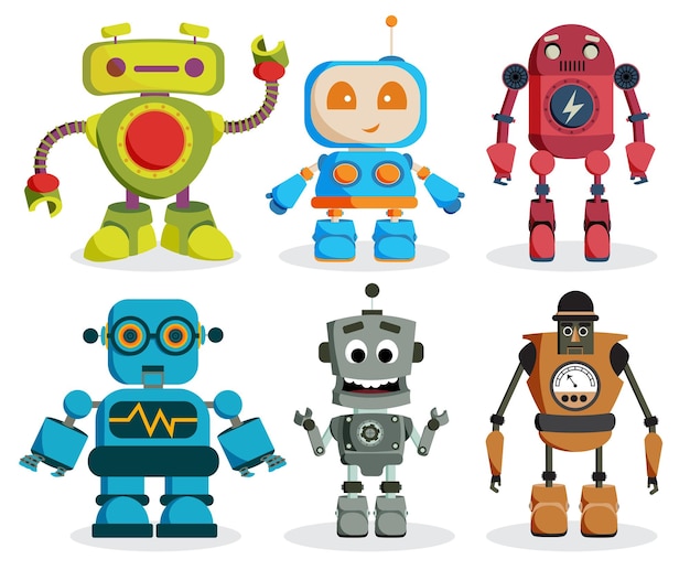 Conjunto de caracteres vectoriales de juguetes robot Elementos de robots de niños coloridos con caras amigables aisladas