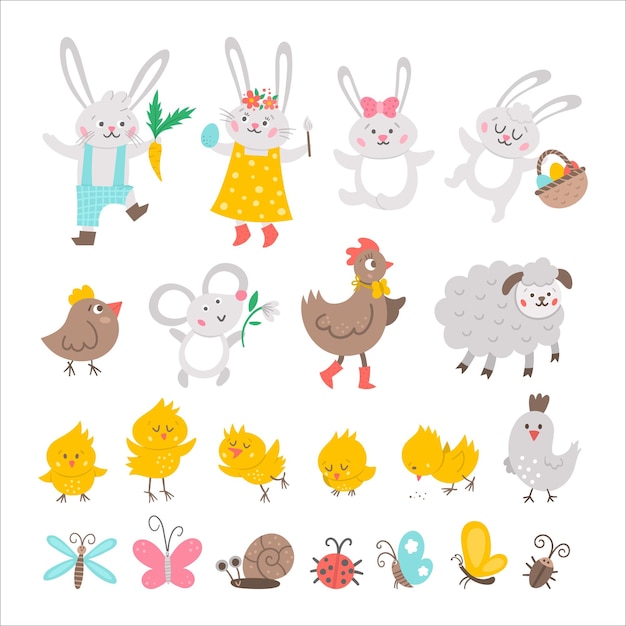 Conjunto de caracteres vectoriales de Pascua. Colección primaveral de pájaros e insectos. Lindo paquete de iconos de animales para niños. Familia de conejitos divertidos, pollitos, gallinas, ovejas, mariposas aisladas de fondo blanco