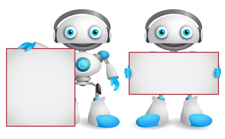 Vector conjunto de caracteres vectoriales de robot robots androides amistosos y divertidos que sostienen una pizarra en blanco vacía