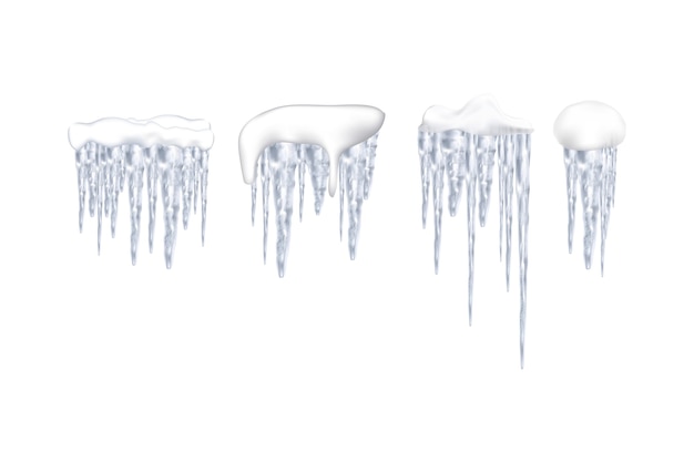 Conjunto de carámbanos nevados y gorras sobre fondo de invierno Decoraciones de temporada de invierno