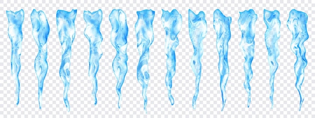 Vector conjunto de carámbanos realistas azul claro translúcidos de diferentes longitudes sobre fondo transparente. transparencia solo en formato vectorial