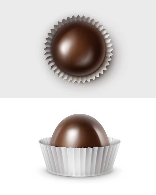 Conjunto de caramelos de chocolate amargo negro oscuro realistas en envoltura de papel corrugado blanco brillante Vista lateral superior de cerca aislado