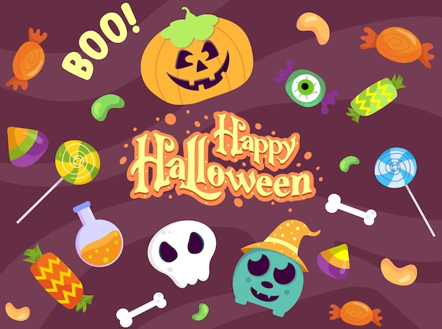 Conjunto de caramelos coloridos de Halloween caramelos de caramelo caramelo piruleta helado ilustraciones vectoriales