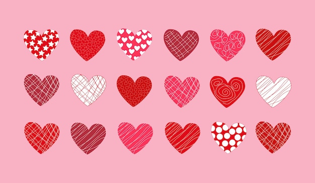 Vector conjunto de caramelos de corazones rojos, rosados y púrpuras con glaseado