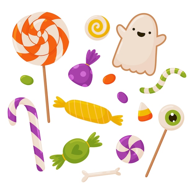 Un conjunto de caramelos y dulces para la ilustración vectorial de Halloween en estilo de dibujos animados planos aislados en fondo blanco