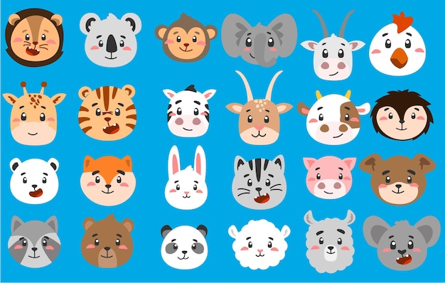 conjunto de caras de animales del bosque lindos en vectores de niños personajes para el diseño
