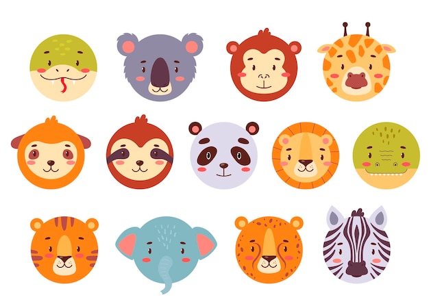 Conjunto de caras de animales circulares para la interfaz de usuario o la aplicación móvil Colección de avatares lindos kawaii para niños juego iconos de cabeza simple en ilustración de vector plano de color brillante aislado sobre fondo blanco