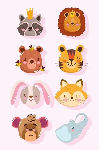 Conjunto de caras de animales de dibujos animados lindo