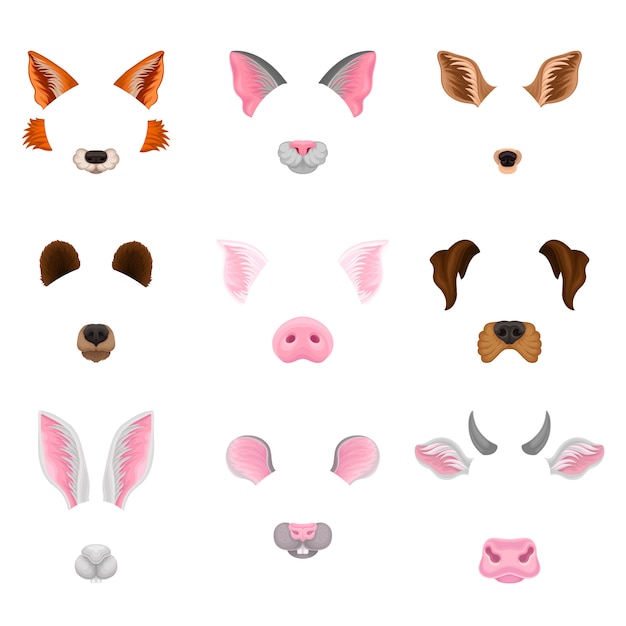 Vector conjunto de caras de animales. diseño gráfico para decoración de fotos selfie o efectos de video chat.