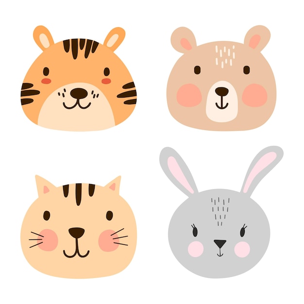 Conjunto de caras de animales lindos en estilo infantil simple escandinavo. Tigre dulce, oso, gato, paquete de retratos de conejito.
