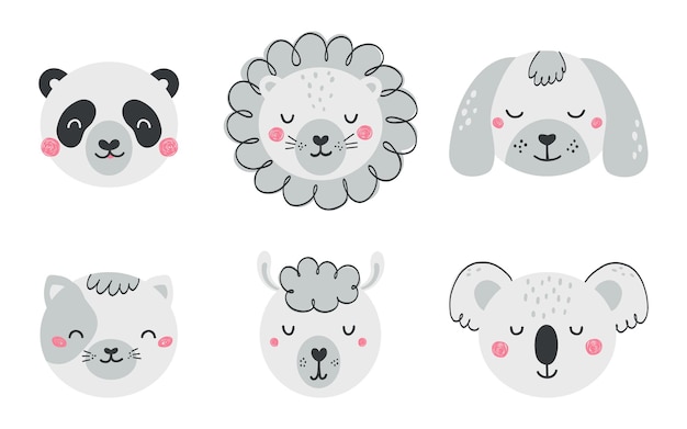 Conjunto de caras de animales lindos en estilo plano. colección de personajes león, gato, perro, panda, llama, koala. ilustración en blanco y negro aislado sobre fondo blanco. vector