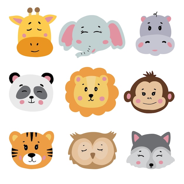 Conjunto de caras de animales lindos. Personajes dibujados a mano.