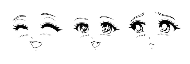 Conjunto de caras de anime y manga. diferentes expresiones. illusration de vector dibujado a mano.