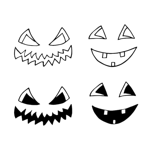 Conjunto de caras de calabaza dibujadas a mano de Halloween Ilustración vectorial para imprimir tarjetas para colorear