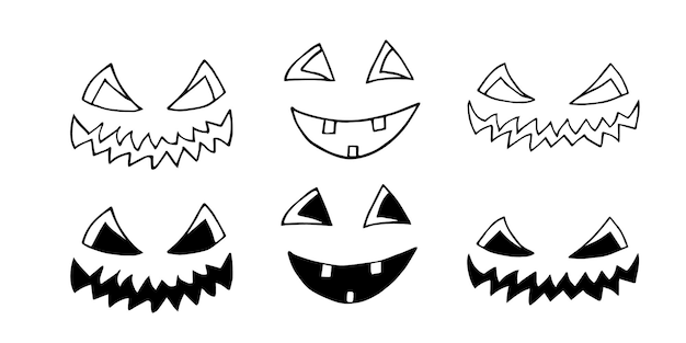 Conjunto de caras de calabaza de Halloween dibujadas a mano Ilustración vectorial para colorear envases publicitarios