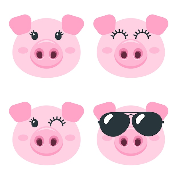 Conjunto de caras de cerdo lindo aislado en blanco