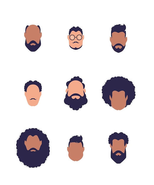 Conjunto de caras de chicos de diferentes tipos y nacionalidades Aislado sobre fondo blanco Estilo de dibujos animados