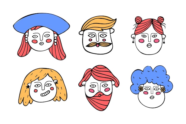 conjunto de caras cómicas en estilo doodle