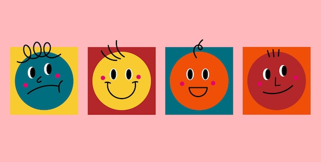 Conjunto de caras cómicas de sonrisa dibujado a mano para niños ilustración vectorial