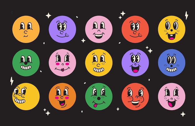 Conjunto de caras divertidas cómicas de dibujos animados retro con diferentes expresiones de emociones vector de caras divertidas