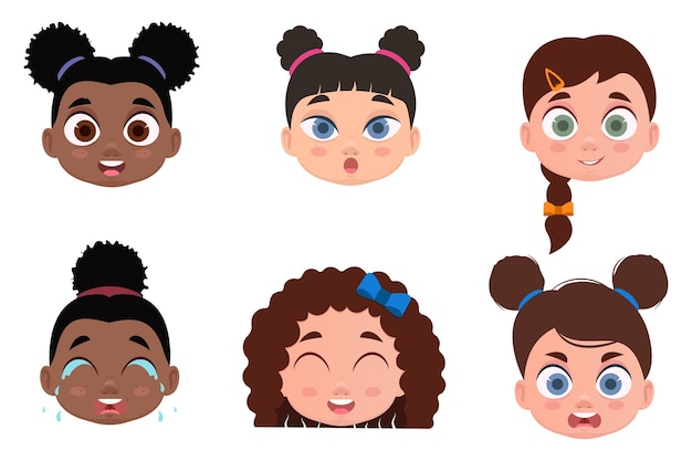 Conjunto de caras, emociones infantiles, conmoción, enojo, alegre, sonriente, llorando. ilustración vectorial