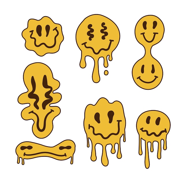 Vector conjunto de caras emoji distorsionadas aisladas sobre fondo blanco personajes trippy retro goteando em sonriente