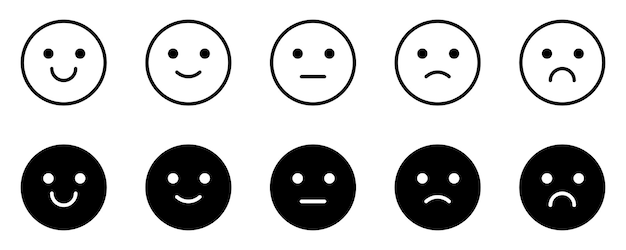Conjunto de caras de emoticones en blanco y negro que representan diferentes emociones icono vectorial