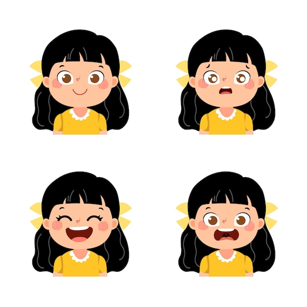 Conjunto de caras expresivas infantiles en estilo plano.
