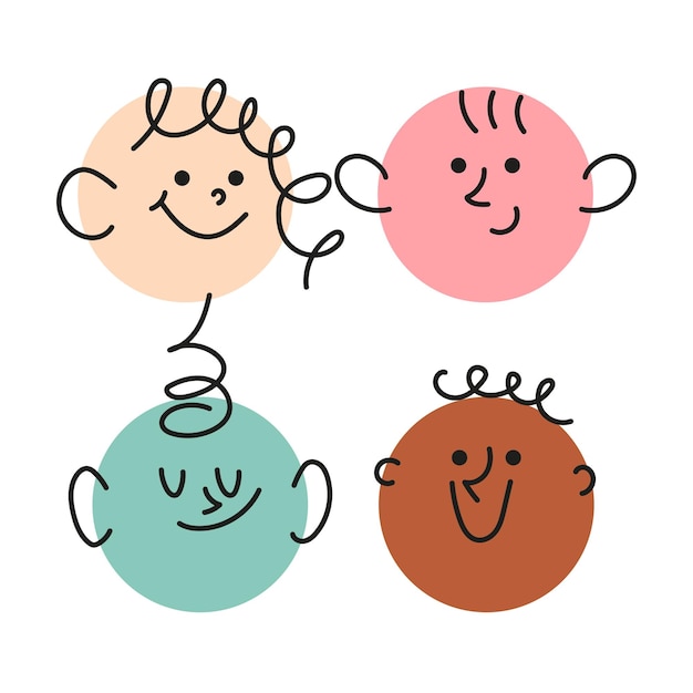 Conjunto de caras de garabateo lindo caras divertidas diferentes pegatinas ilustración vectorial aislada moderna