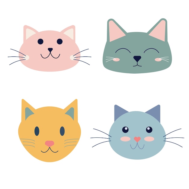 Conjunto de caras de gato bonitas Animal de compañía Vector aislado en fondo blanco