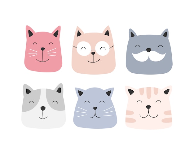 Conjunto de caras de gato lindo Ilustración para niños.