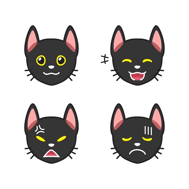 Conjunto de caras de gato negro que muestran diferentes emociones.