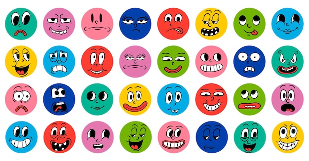 Conjunto de caras graciosas cómicas de dibujos animados en estilo retro con diferentes expresiones de emociones Iconos redondos abstractos de cabezas de personajes emocionales Animación de personas Emoji en vector de estilo años 20 30