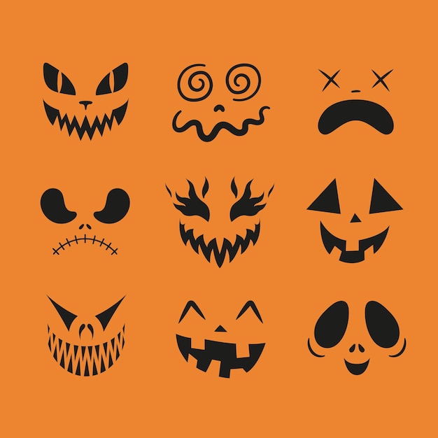 Conjunto de caras de halloween. caras espeluznantes, divertidas, tristes y aterradoras. caras de calabaza. caras de fantasmas. parte 1.