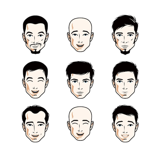 Conjunto de caras de hombres, cabezas humanas. Diferentes personajes vectoriales como morenos, calvos, con bigotes o hombres barbudos y guapos.