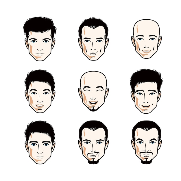 Conjunto de caras de hombres, cabezas humanas. diferentes personajes vectoriales como morenos, calvos, con bigotes o hombres barbudos y guapos.