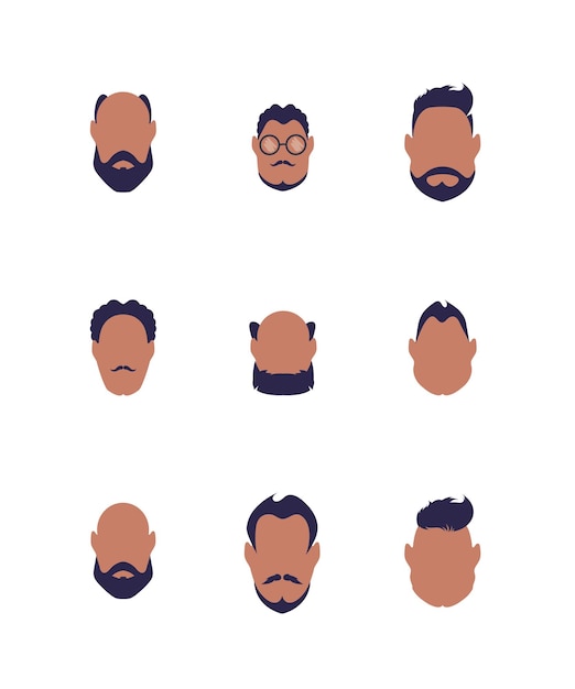 Conjunto de caras de hombres de diferentes tipos y nacionalidades ilustración vectorial aislada