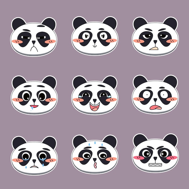 Conjunto de caras lindas de panda con diferentes expresiones faciales emociones Diseño de pegatina emoji