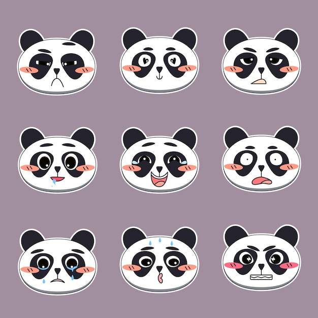 Vector conjunto de caras lindas de panda con diferentes expresiones faciales emociones diseño de pegatina emoji