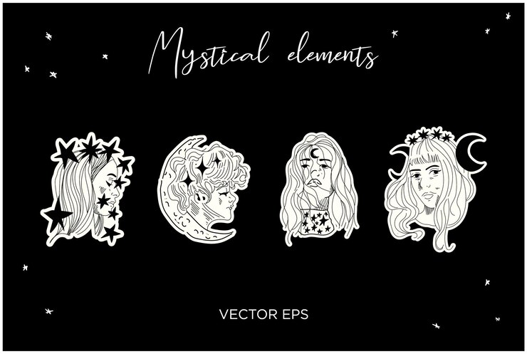 Conjunto de caras místicas perfecto para tatuajes, impresiones, marcas y diseños espirituales